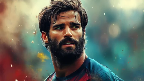 Digital painting portrait of bearded football player in motion.