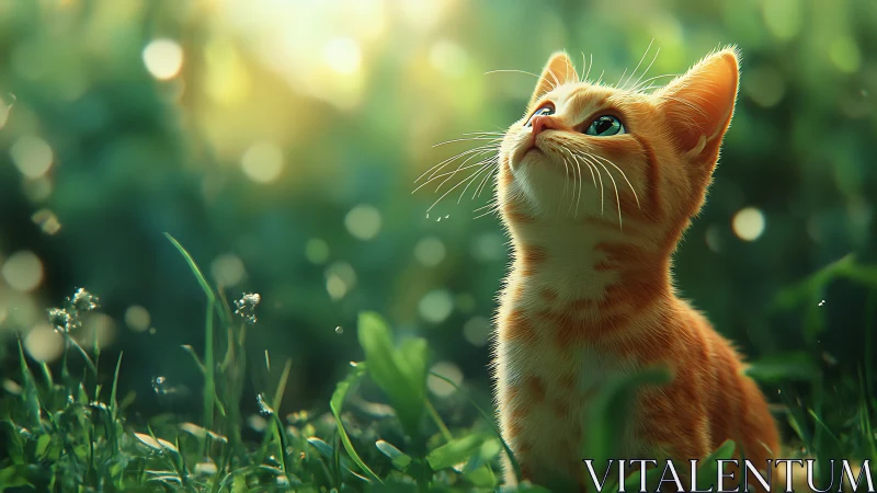 Ginger kitten studies glowing bokeh in sunlit meadow.