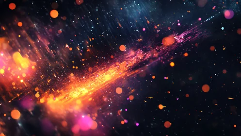 Neon particle stream slices through deep cosmic void.