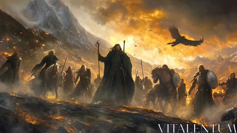 Armored riders advance through volcanic battlefield under burning sky