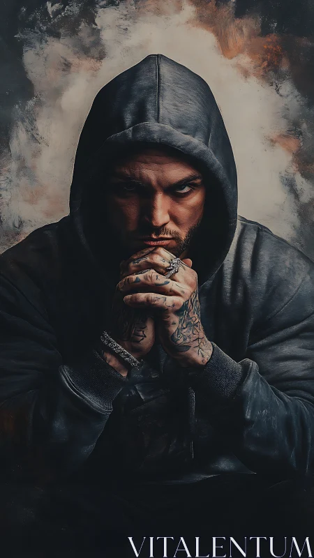 Hooded man stares intensely forward in moody dramatic light