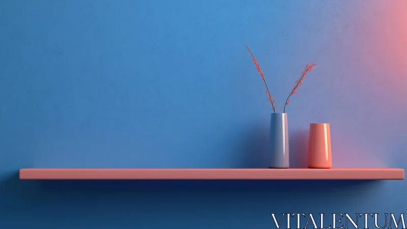 Minimalist shelf with dual vases under soft bicolor lighting