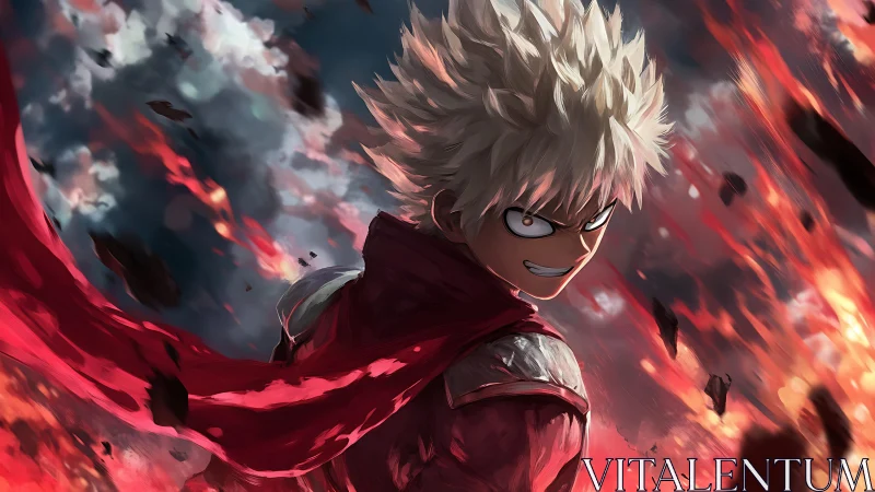 White haired anime fighter turns in midair amid falling embers