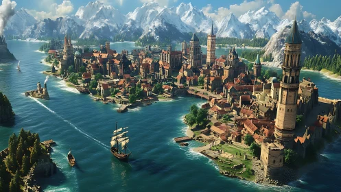 Riverside fortified town extends between channels and mountains
