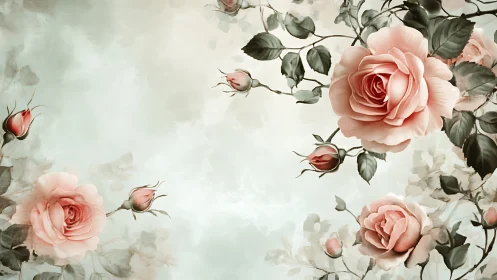 Pink Roses with Buds Against Neutral Background