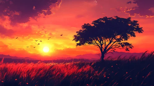 Blazing sunset skyline with lone tree over ember fields.