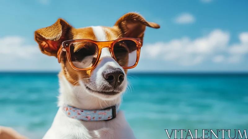 Stylish terrier in amber sunglasses by vivid turquoise sea.