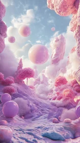 Pastel cloud valley with floating glossy pink spheres.