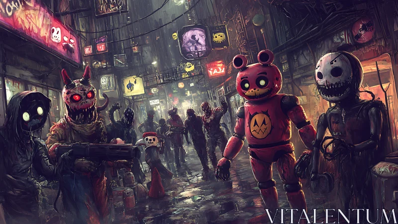 Creepy mascots roam a neon-soaked dystopian alleyway at night.