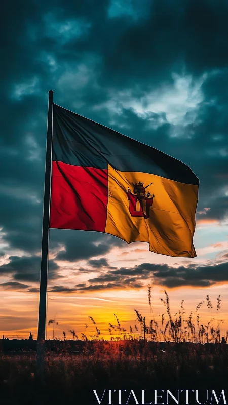National flag with crest ripples dynamically at dramatic sunset