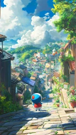 Sunlit hillside alleyway with stylized robot overlooking coastal town