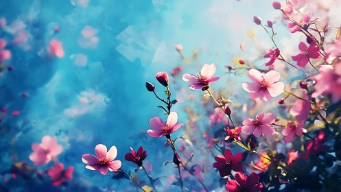 Pink flowers against blue gradient background with bokeh depth.