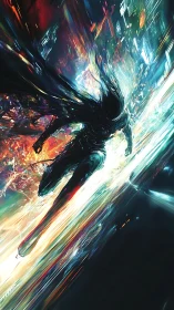 Neon runner leaping through a storm of electric city light.