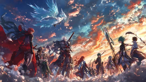 Skyborne heroes gather beneath a blazing seraphic phoenix.