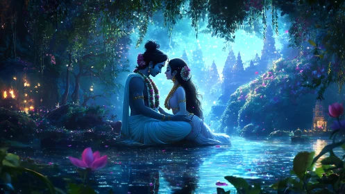 Two figures sit close together in luminous forest water