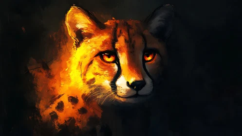 Cheetah with Fire-Illuminated Face in Dark Setting.