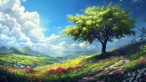 Sunlit hillside tree welcomes walkers under a bright blue sky