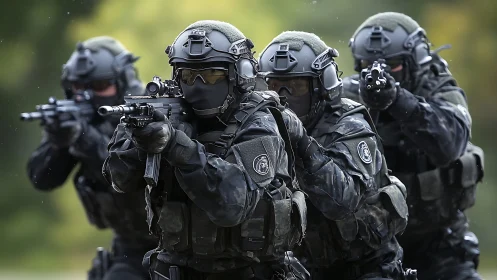 Tactical assault team advances in tight stacked formation under fire