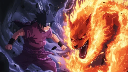 Storm-hearted ninja facing feral foxfire rage head-on.