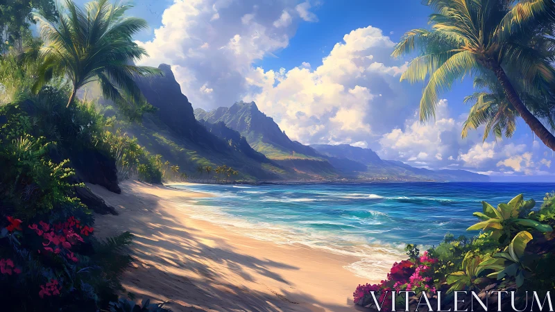 Tropical Beach with Mountain Vista and Palm Framing.