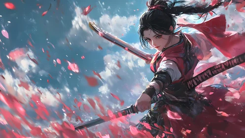 Sword-wielding warrior woman strikes amid drifting petals