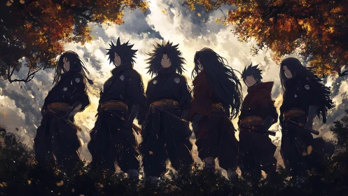 Shadowed clan heirs drink dusk-light beneath burning leaves