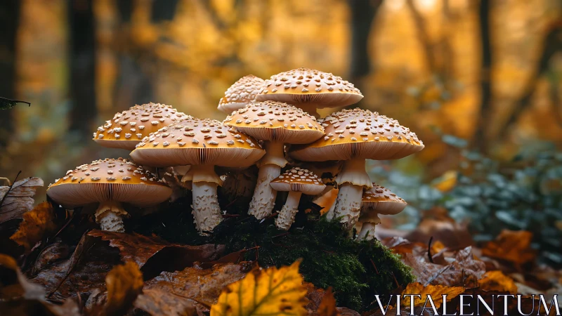 Cluster of forest mushrooms on moss in autumn light.