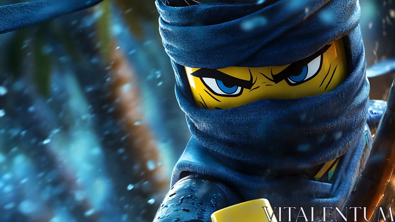 Lego-style blue ninja figure in close combat focus.