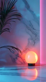 Spherical lamp on marble surface with neon side lighting.
