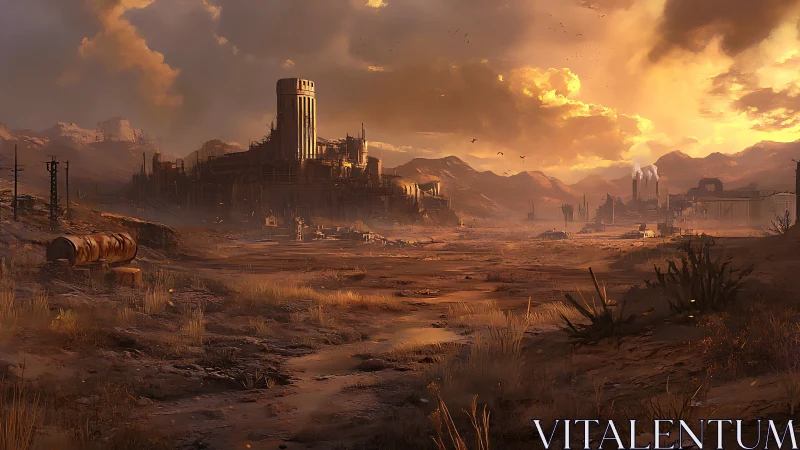 Industrial complex in arid wasteland under evening sky.