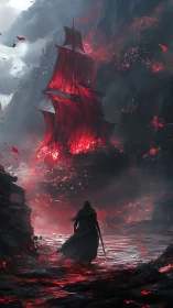 Dark cloaked warrior faces burning red-sailed ghost ship.