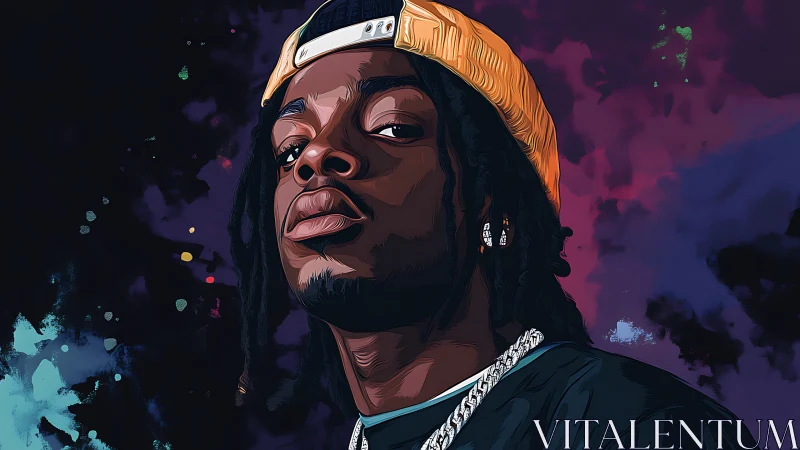 Stylized portrait of man in cap against neon nebula sky.