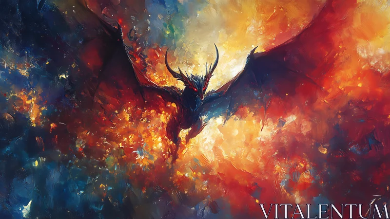 Winged dragon silhouette amid abstract fiery background.