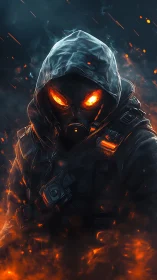 Incendiary tactical specter in hooded respirator armor profile.
