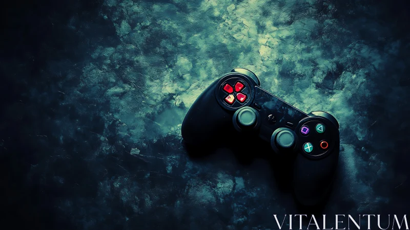 Gaming controller positioned on textured dark surface.