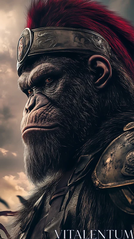 Cinematic 3D render of armored gorilla warlord in profile