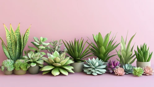 Pastel succulent arrangement against soft pink wall backdrop.