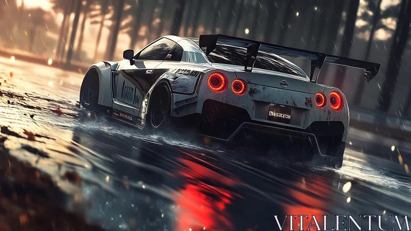 Widebody Nissan GT-R drifts through wet forest road at dusk