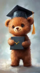 Graduation teddy bear holds diploma in soft pastel light