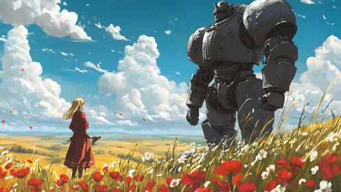 Human figure and large robot in flowered hillside landscape.