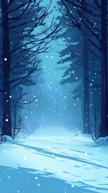 Snowy Forest Path with Bare Trees and Falling Snow
