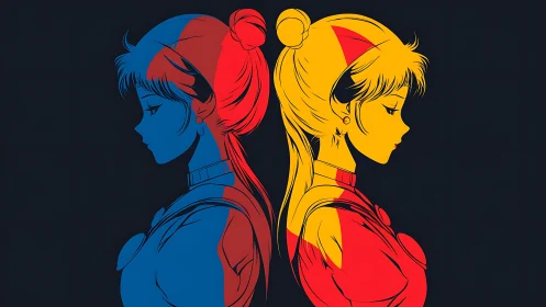 Two stylized anime girls stand back to back in profile view