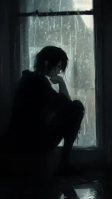 Silhouetted figure sits by rainy window in dim interior