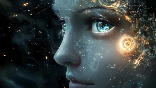 Cybernetic female visage with luminous neural interfaces and HUD