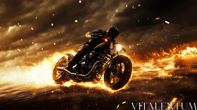 Motorcycle rider storms through blazing firestorm road.