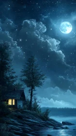 Moonlit lakeside cabin under luminous star-filled sky.