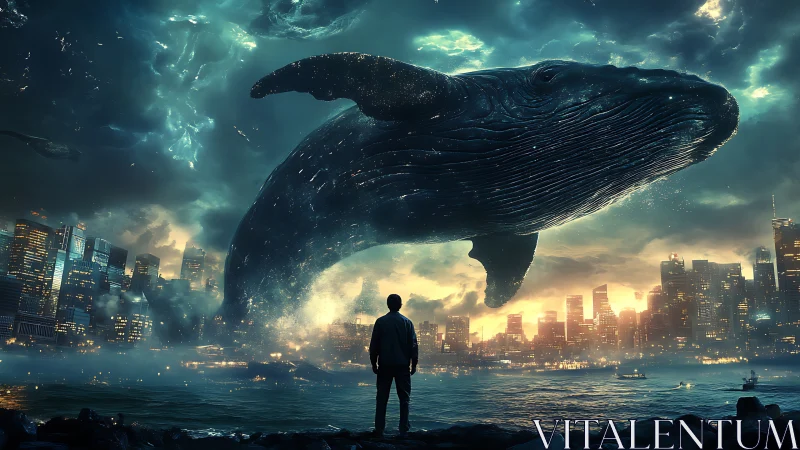 Skywhale encounter above a neon-breathing twilight cityscape.