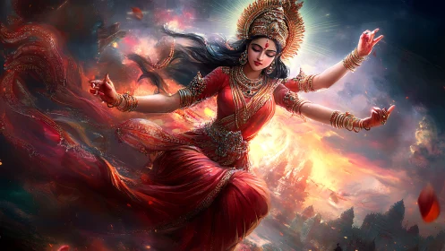 Divine dancer in fiery celestial storm, radiant in red robes.