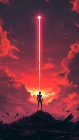 Lone wanderer gazes at a blazing red beam of destiny.