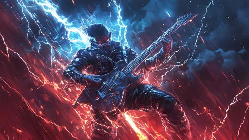 Electric guitarist amid red-blue lightning energy field.